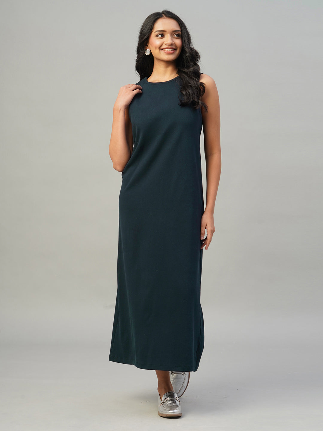 Women's Navy Cotton Elastane Regular Fit Knit Dress