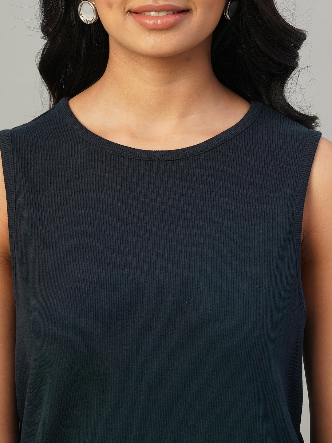 Women's Navy Cotton Elastane Regular Fit Knit Dress
