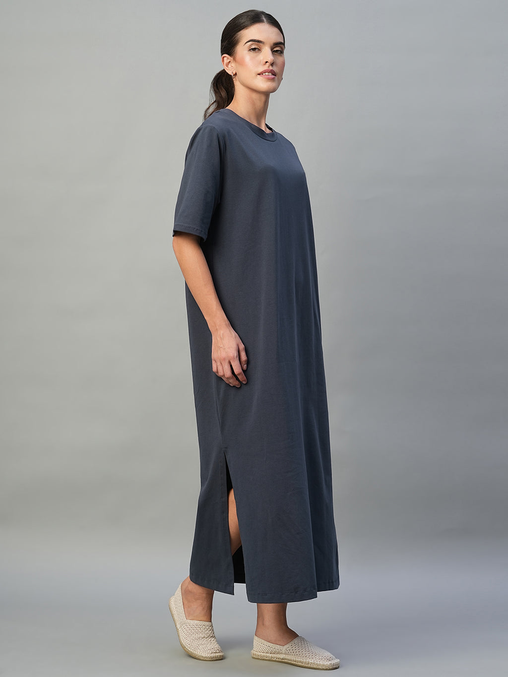 Women's Navy Cotton Elastane Regular Fit Knit Dress