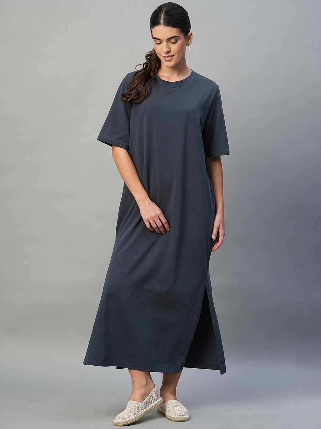 Women's Navy Cotton Elastane Regular Fit Knit Dress