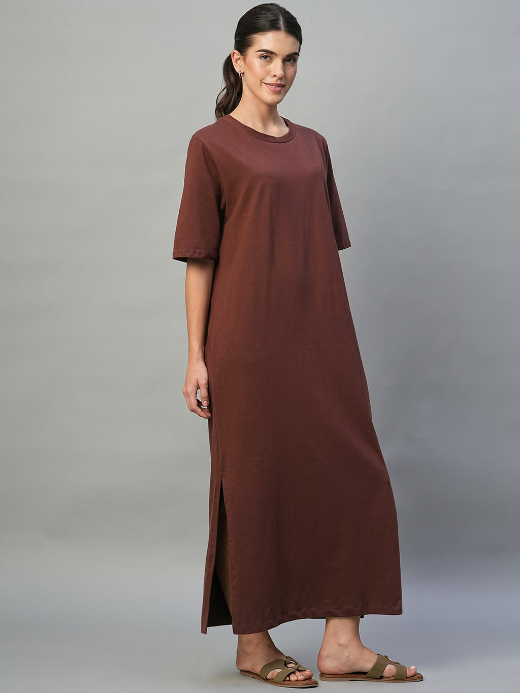 Women's Wine Cotton Elastane Regular Fit Knit Dress