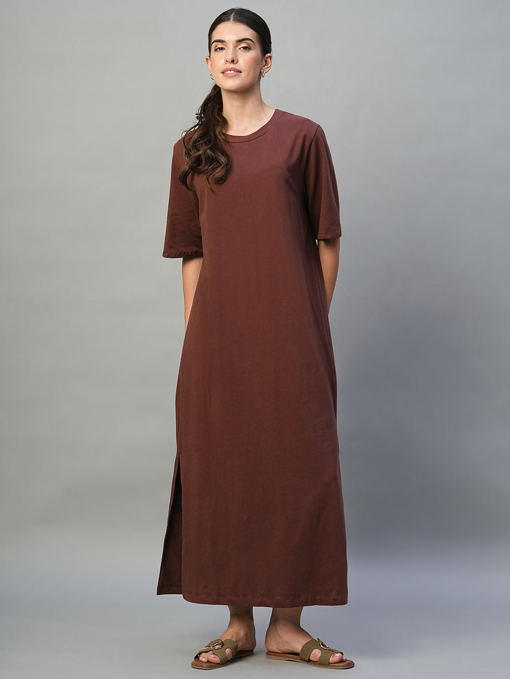 Women's Wine Cotton Elastane Regular Fit Knit Dress