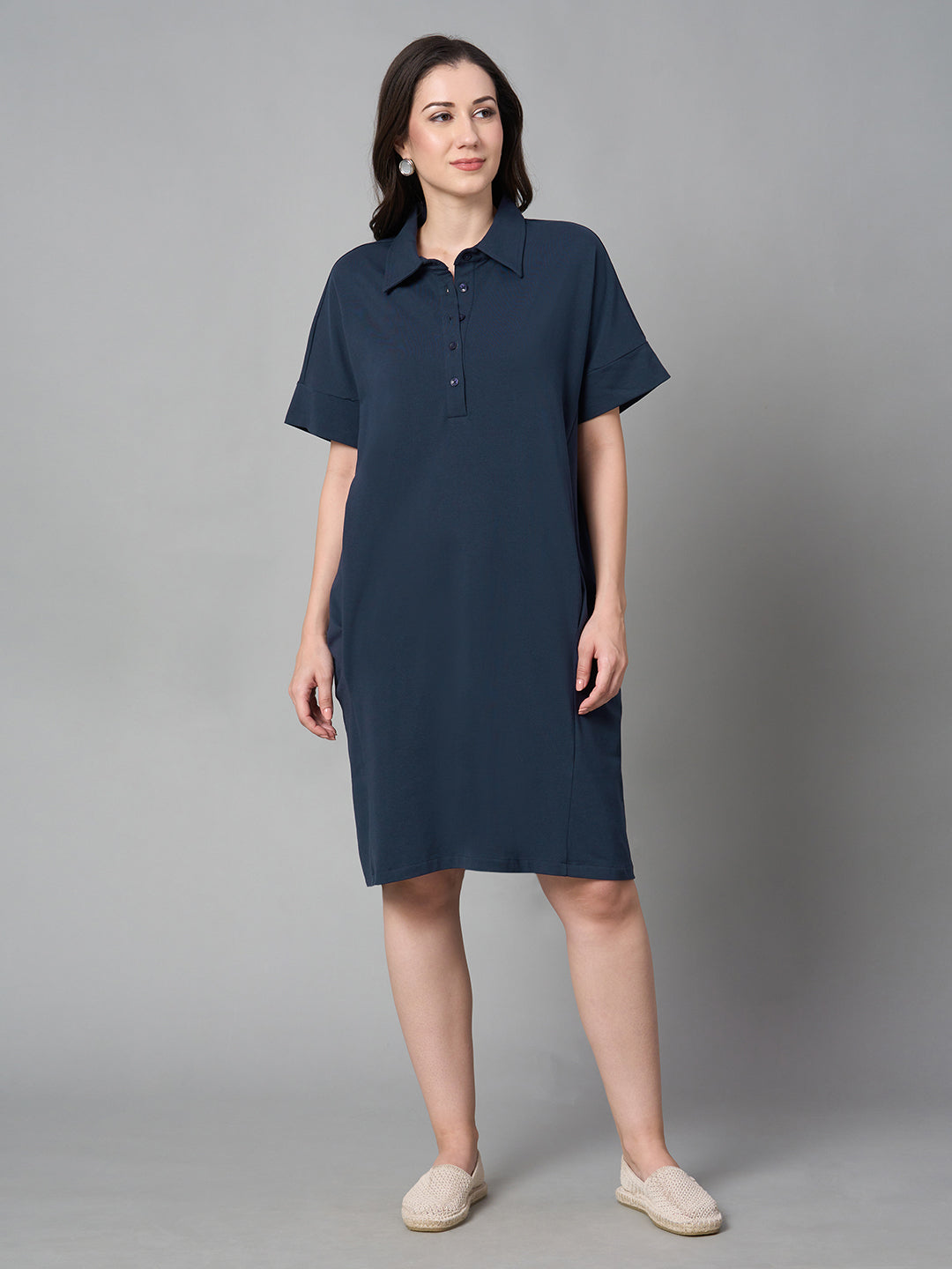 Women's Blue Cotton Elastane Regular Fit Kdress