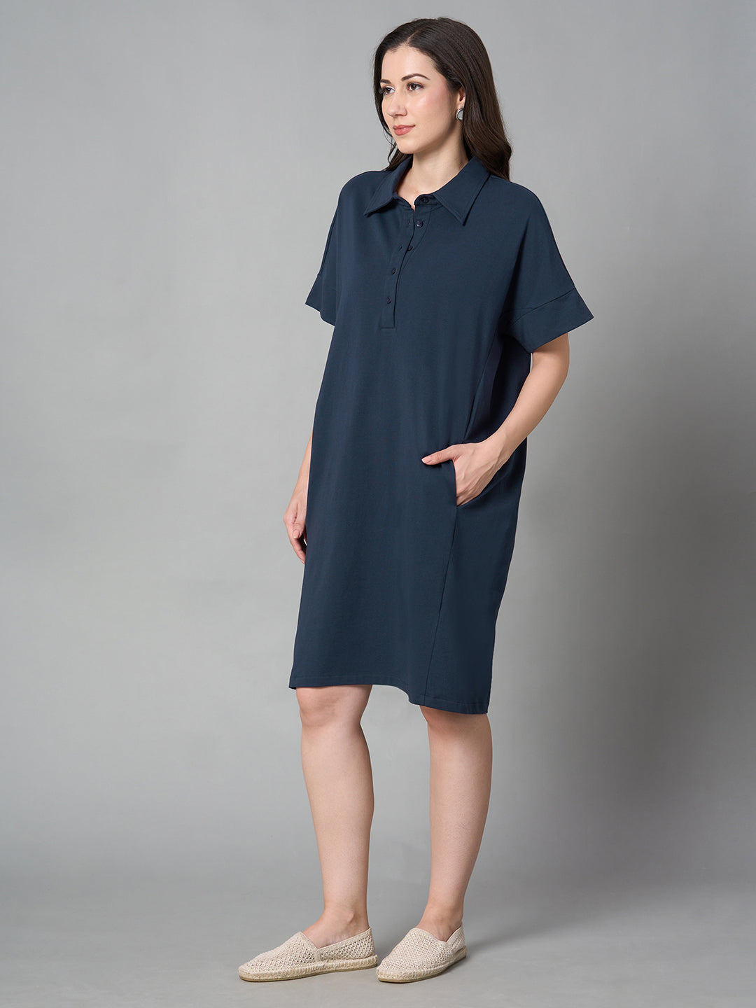 Women's Blue Cotton Elastane Regular Fit Kdress