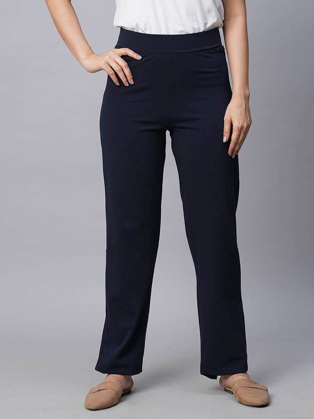 Women's Navy Cotton Elastane Regular Fit Pant