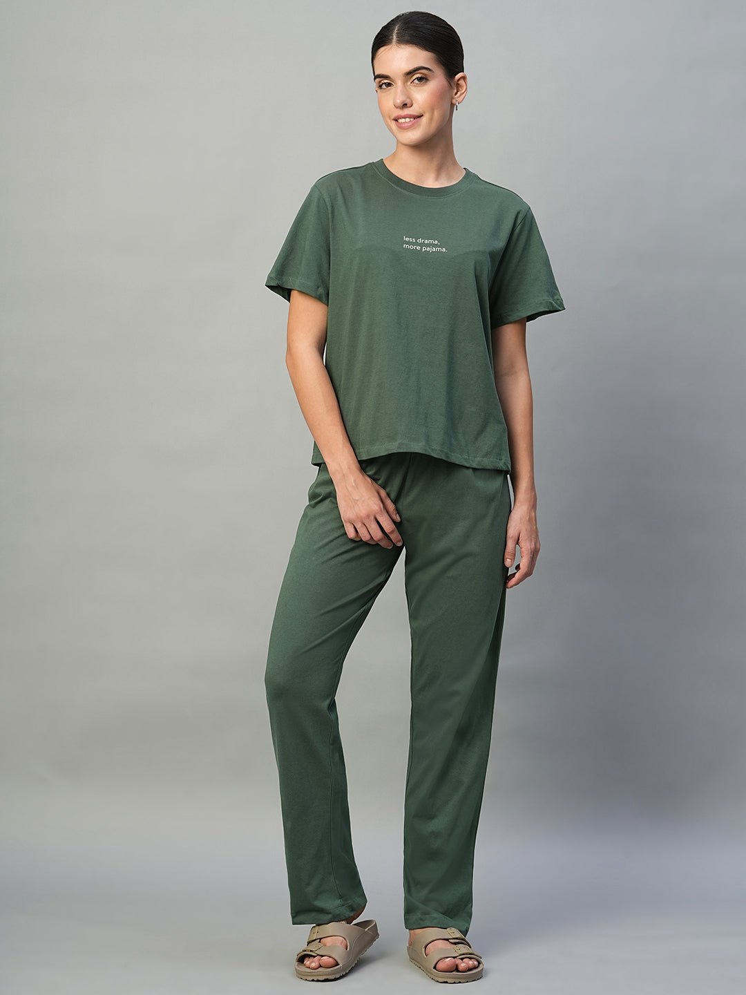 Women's Green 100% Cotton Regular Fit Knit Tshirt-Pyjama Set