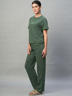 Women's Green 100% Cotton Regular Fit Knit Tshirt-Pyjama Set