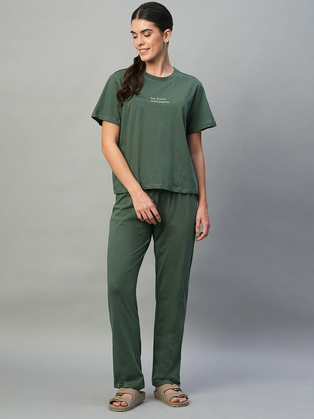 Women's Green 100% Cotton Regular Fit Knit Tshirt-Pyjama Set