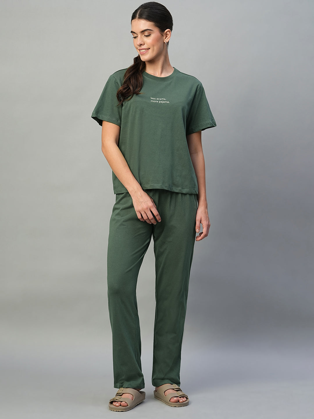 Women's Green 100% Cotton Regular Fit Knit Tshirt-Pyjama Set