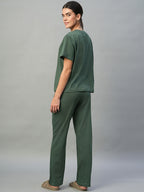 Women's Green 100% Cotton Regular Fit Knit Tshirt-Pyjama Set