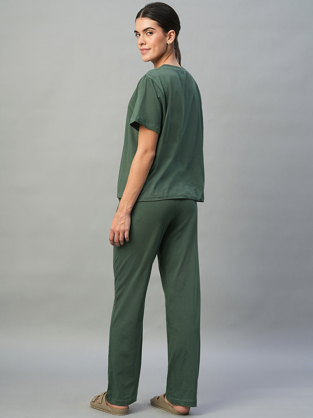 Women's Green 100% Cotton Regular Fit Knit Tshirt-Pyjama Set