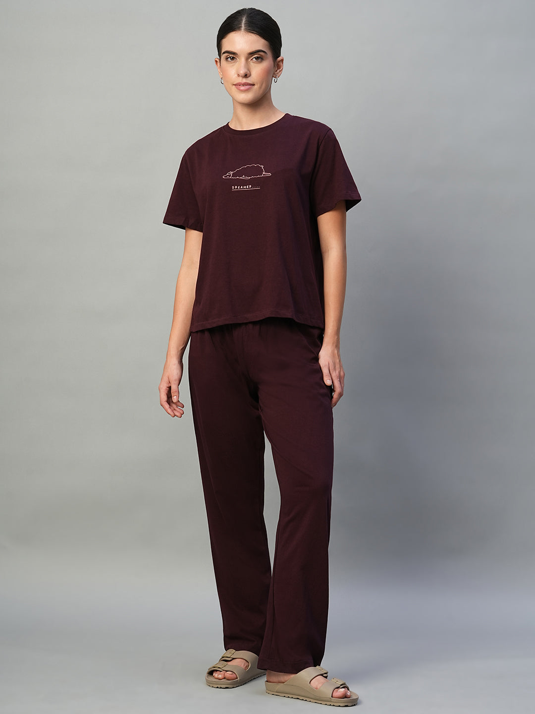 Women's Wine 100% Cotton Regular Fit Knit Tshirt-Pyjama Set