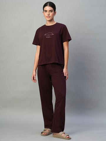 Women's Wine 100% Cotton Regular Fit Knit Tshirt-Pyjama Set