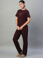 Women's Wine 100% Cotton Regular Fit Knit Tshirt-Pyjama Set