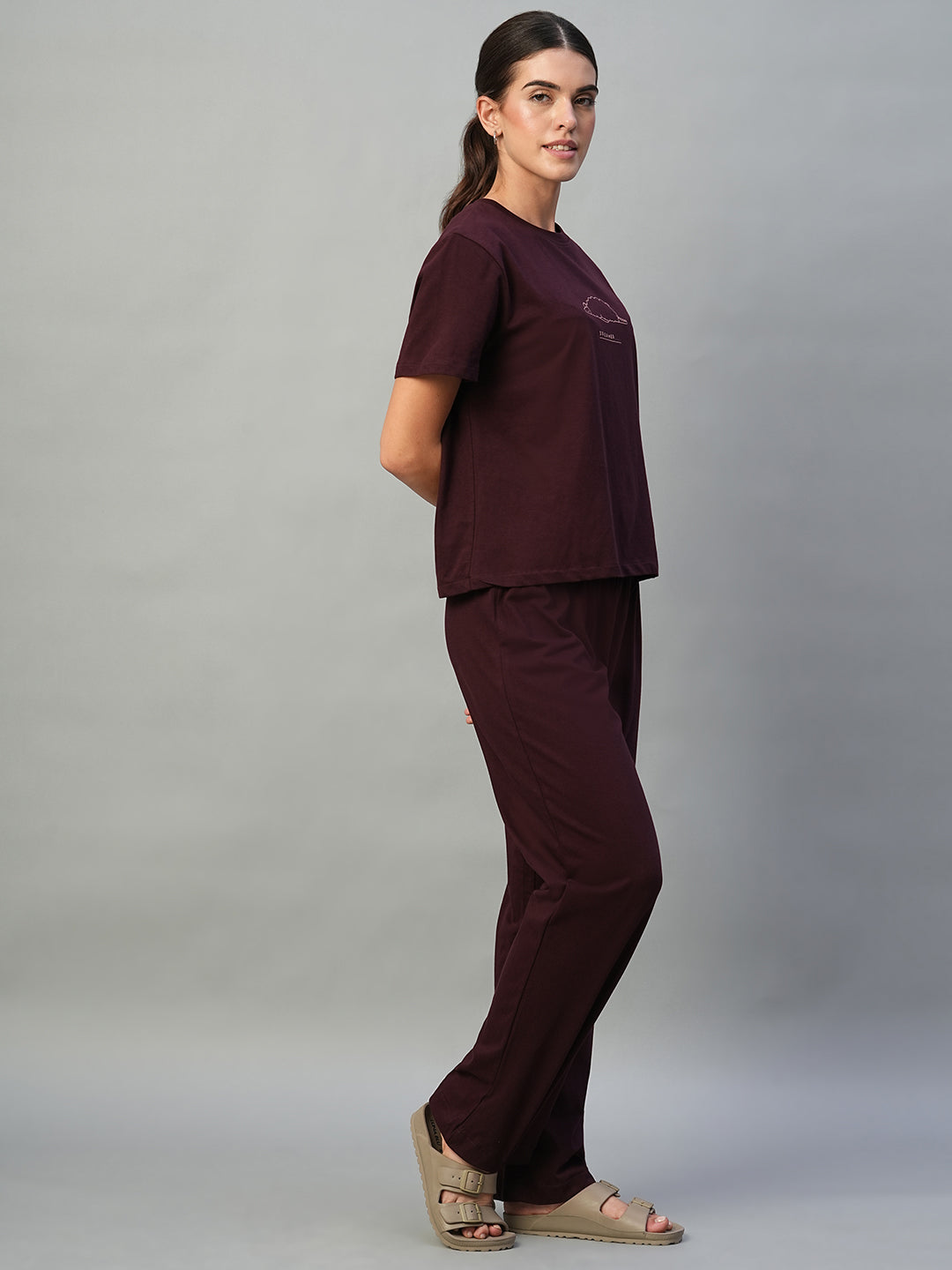 Women's Wine 100% Cotton Regular Fit Knit Tshirt-Pyjama Set