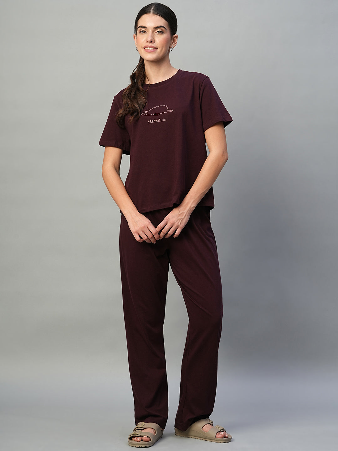 Women's Wine 100% Cotton Regular Fit Knit Tshirt-Pyjama Set