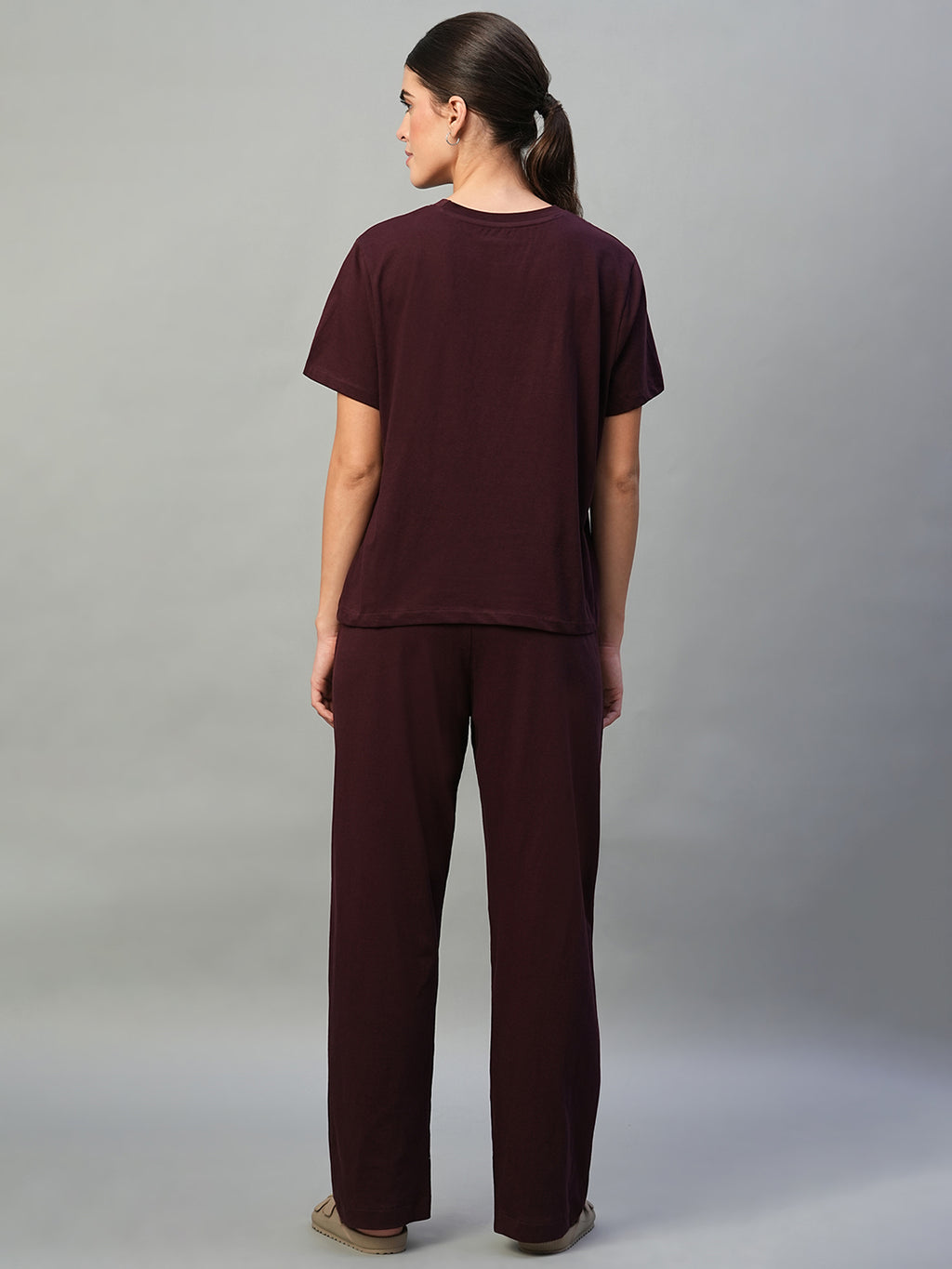 Women's Wine 100% Cotton Regular Fit Knit Tshirt-Pyjama Set