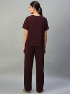 Women's Wine 100% Cotton Regular Fit Knit Tshirt-Pyjama Set
