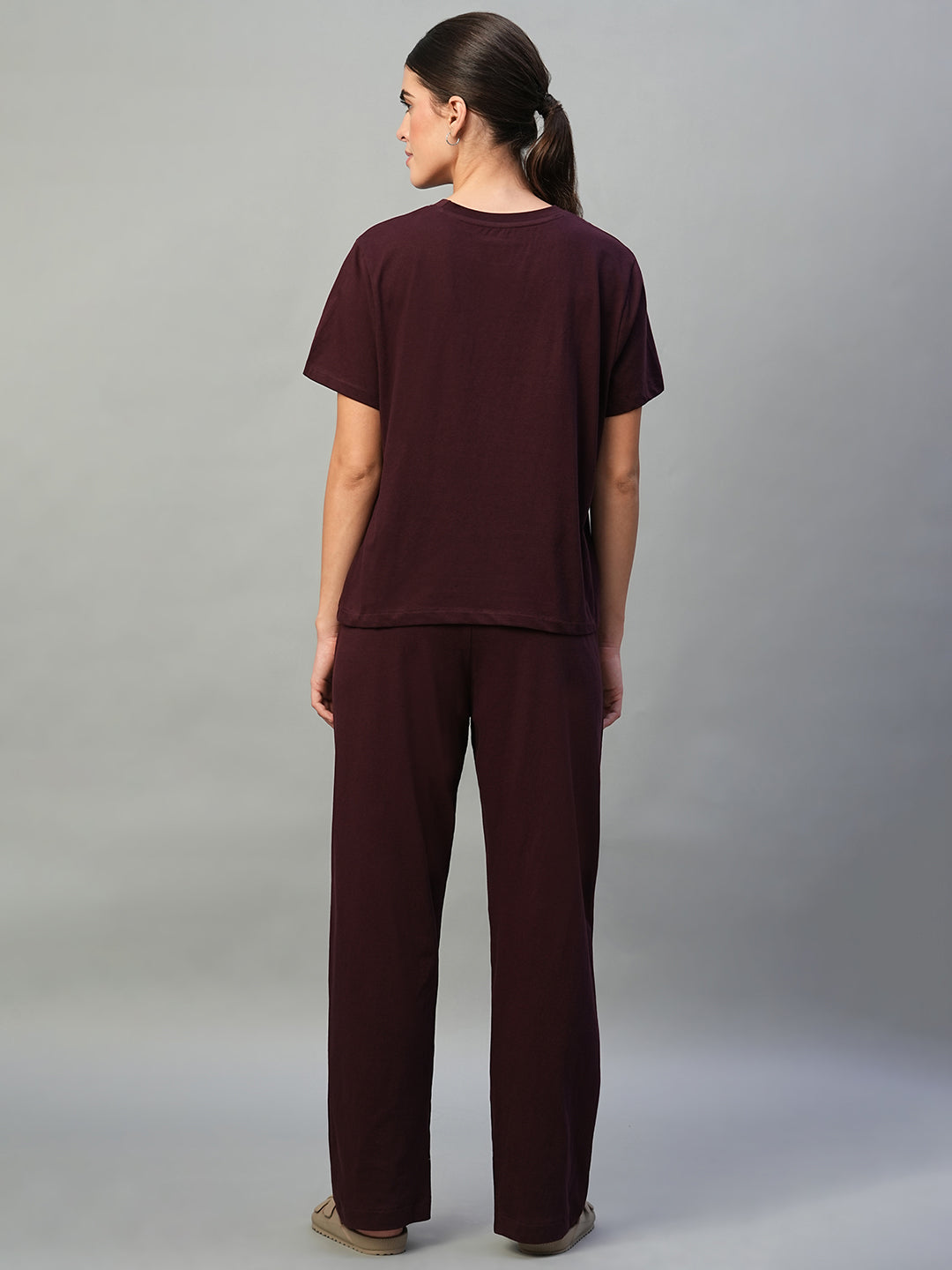 Women's Wine 100% Cotton Regular Fit Knit Tshirt-Pyjama Set