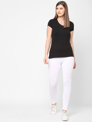 Women's White Cotton Elastane Slim Fit Knit Tights