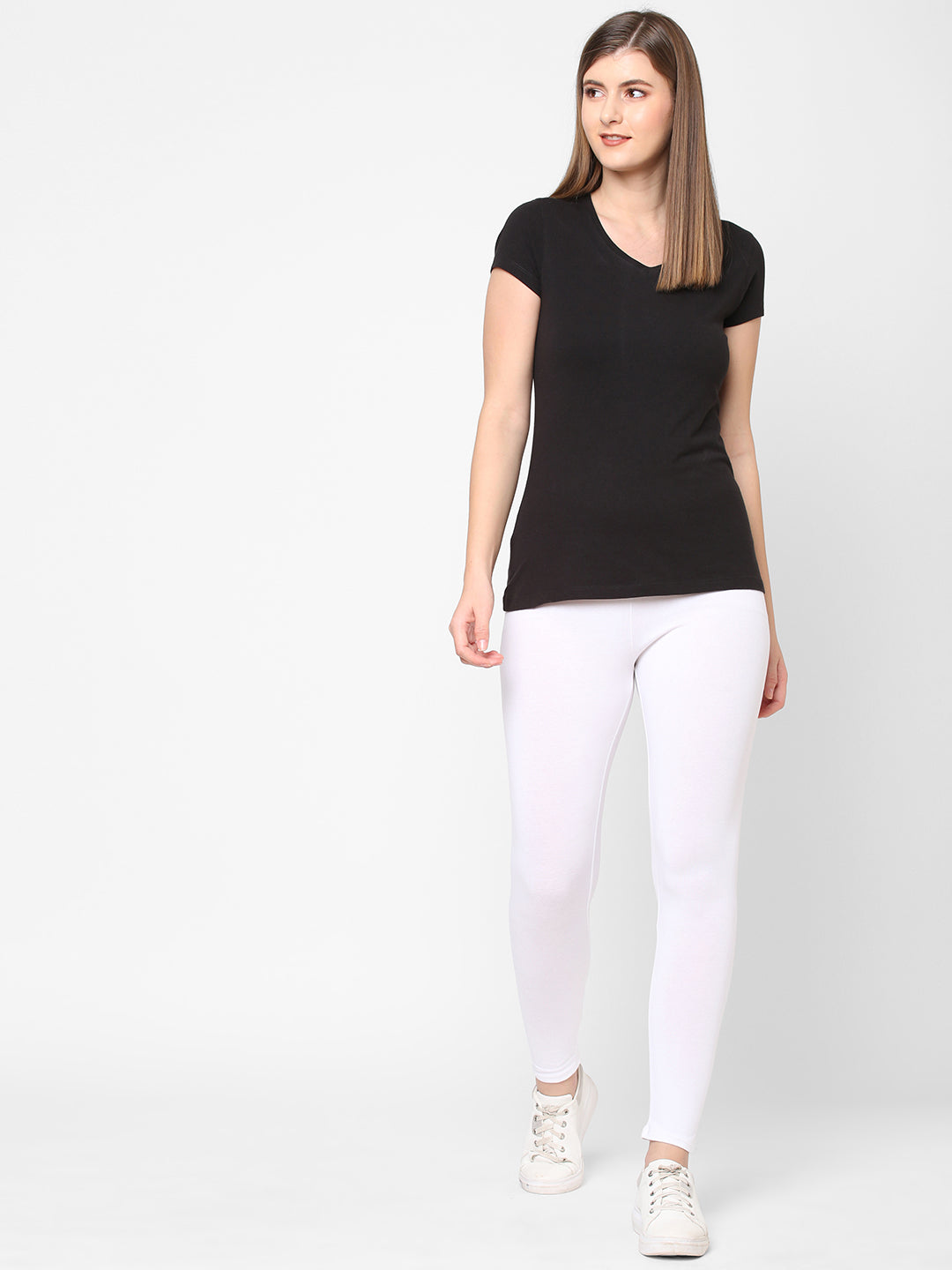 Women's White Cotton Elastane Slim Fit Knit Tights