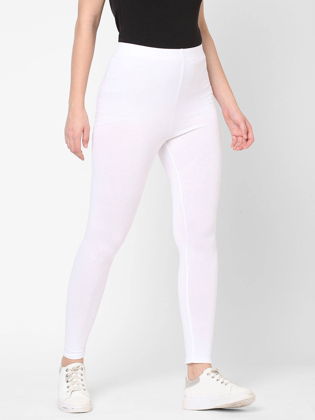 Women's White Cotton Elastane Slim Fit Knit Tights