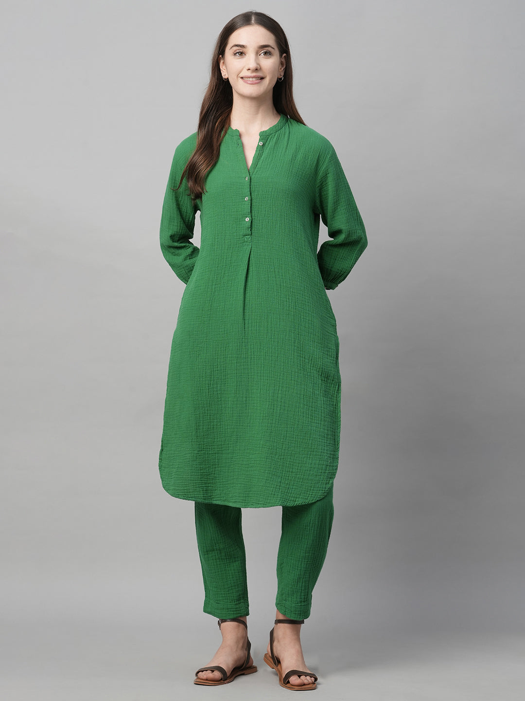 Women's Green Cotton Regular Fit Kurta