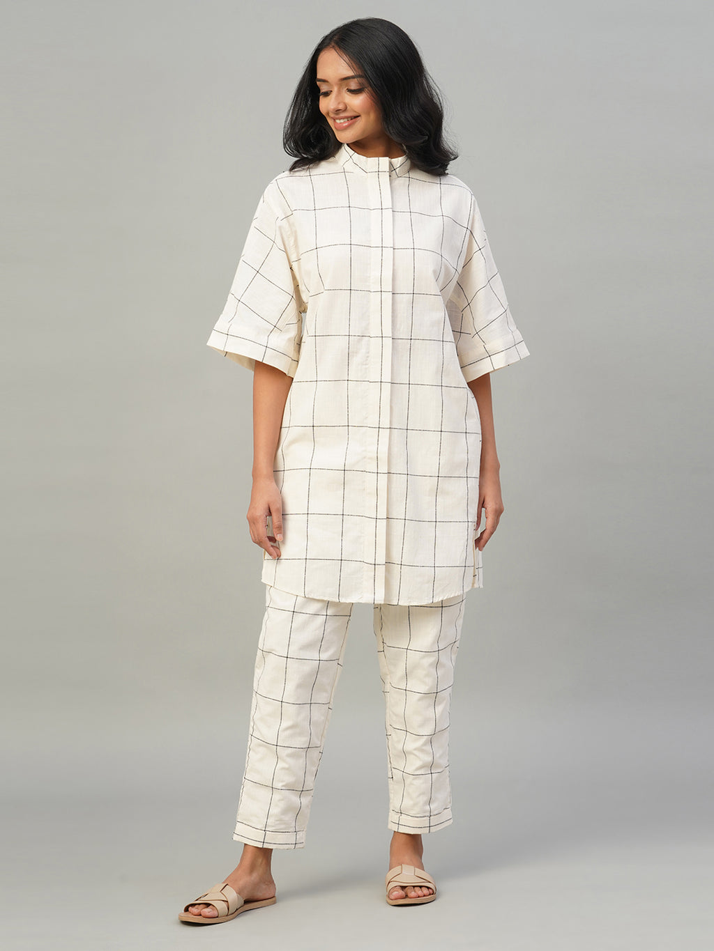 Women's Natural/Black 100% Cotton Boxy Fit Kurta