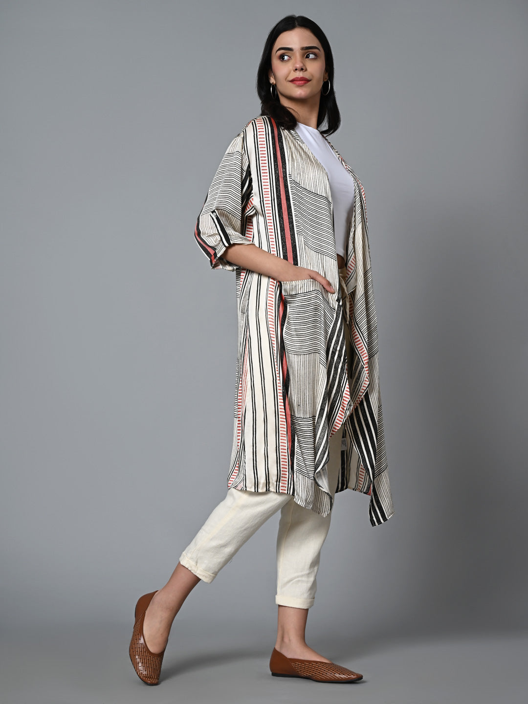 Women's Hand Block Printed Regular Fit Modal Offwhite Overlay