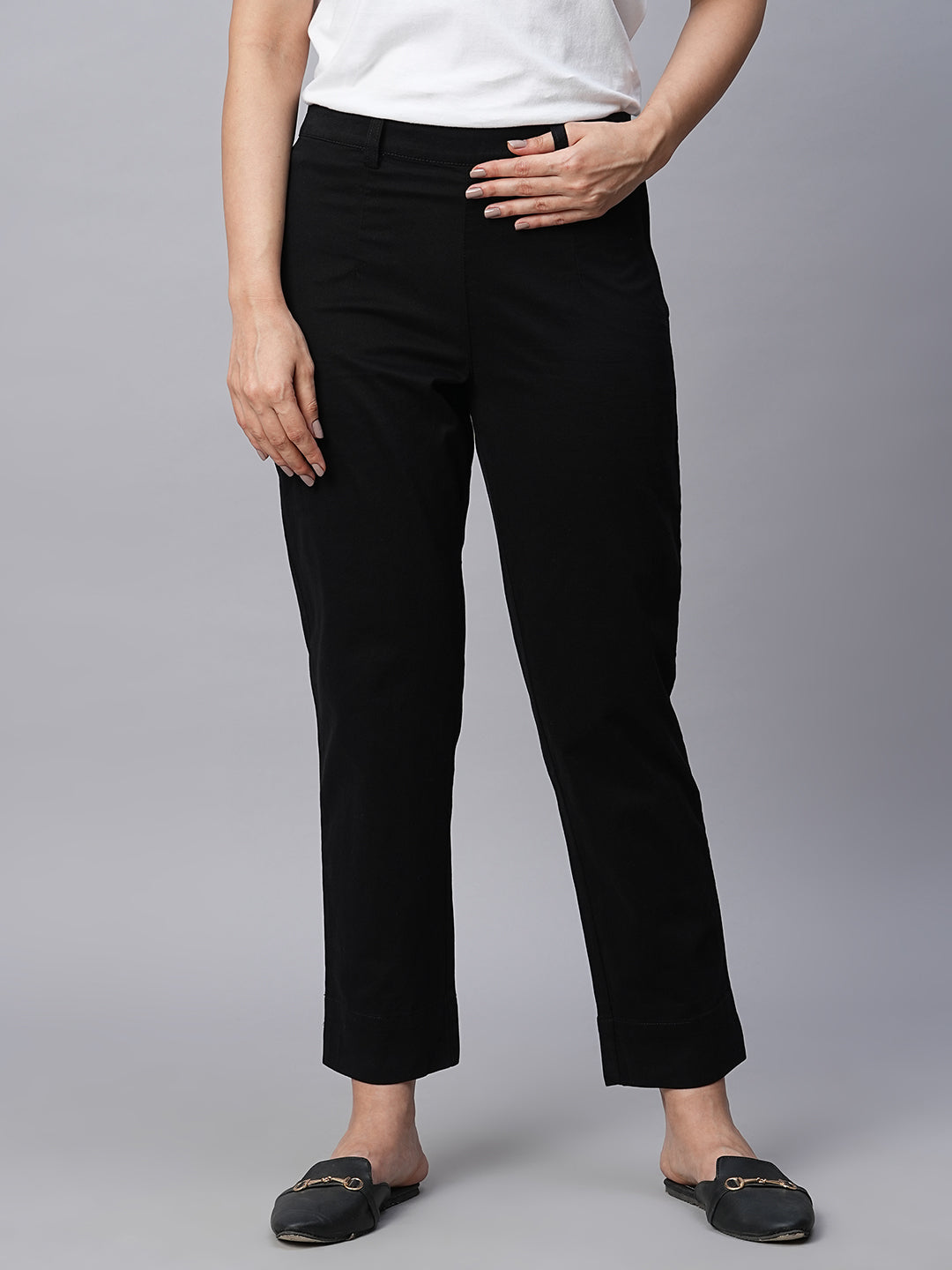 Women's Black Cotton Lycra Regular Fit Pant