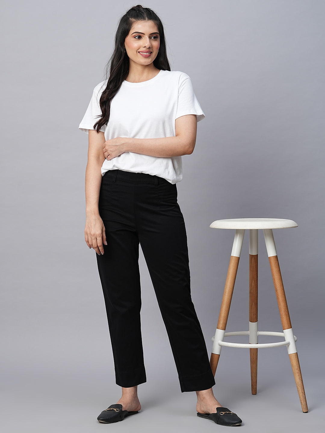 Women's Black Cotton Lycra Regular Fit Pant