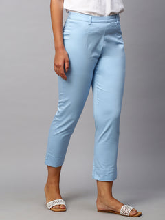 Women’s Cotton Lycra Regular Fit Pant Blue
