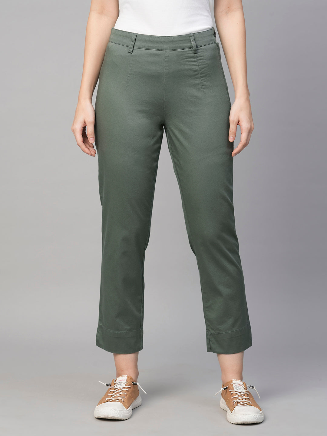 Women's Grey Cotton Elastane Regular Fit Pant