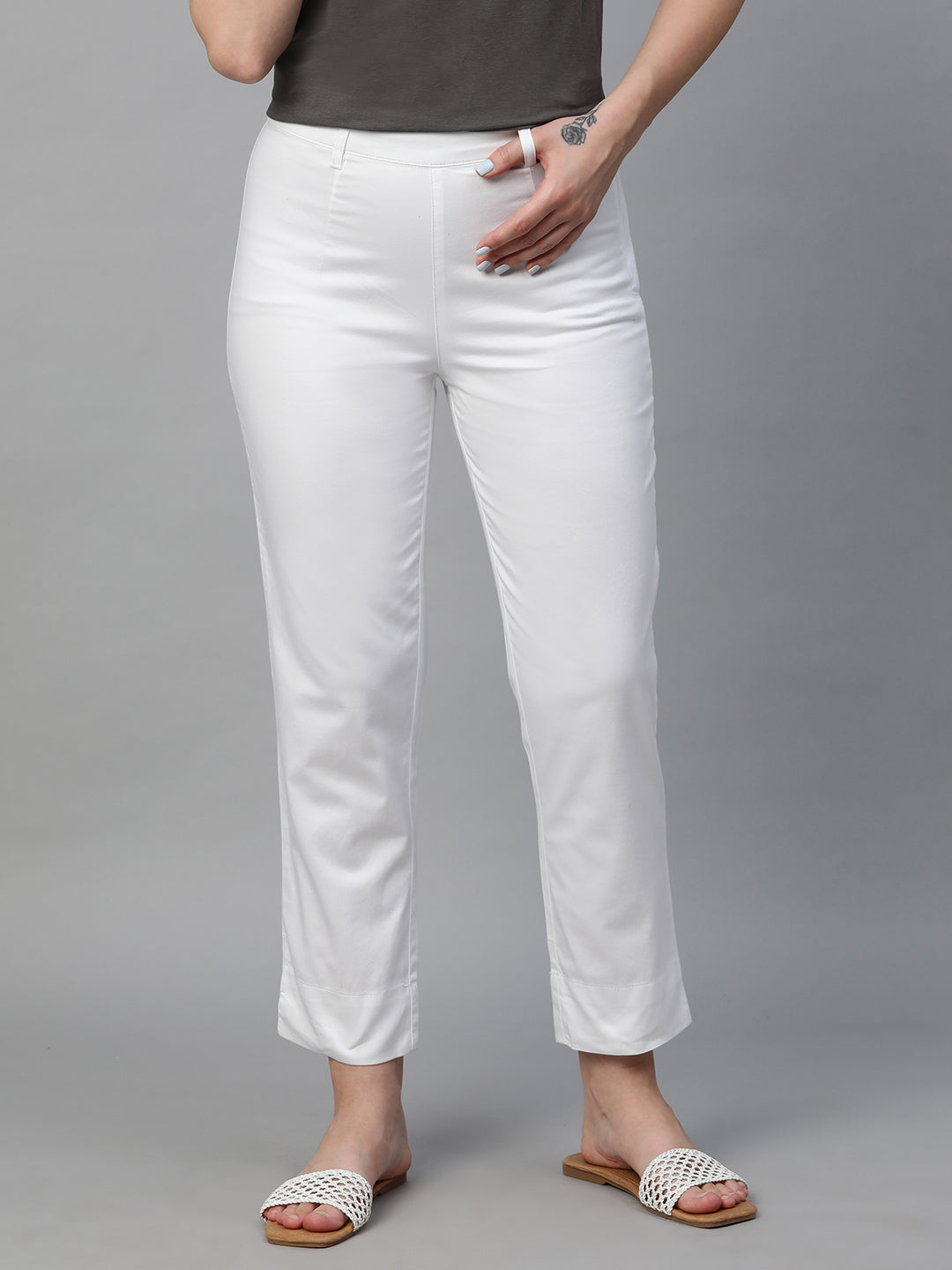 Women's White Cotton Elastane Regular Fit Pant