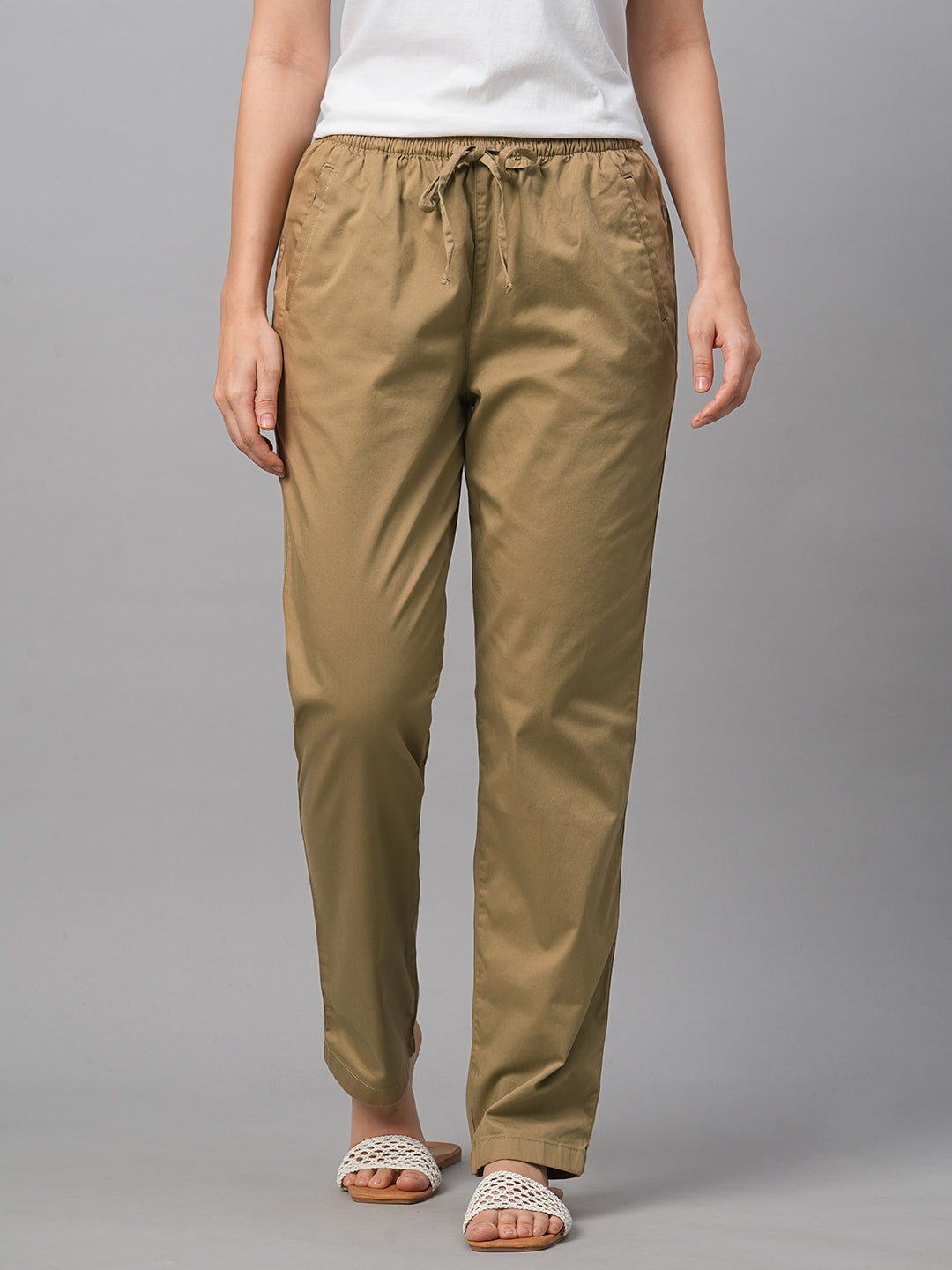 Women's Khaki Cotton Lycra Regular Fit Pant