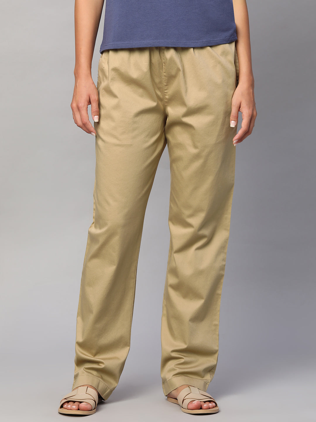 Women's Khaki Cotton Lycra Regular Fit Pant