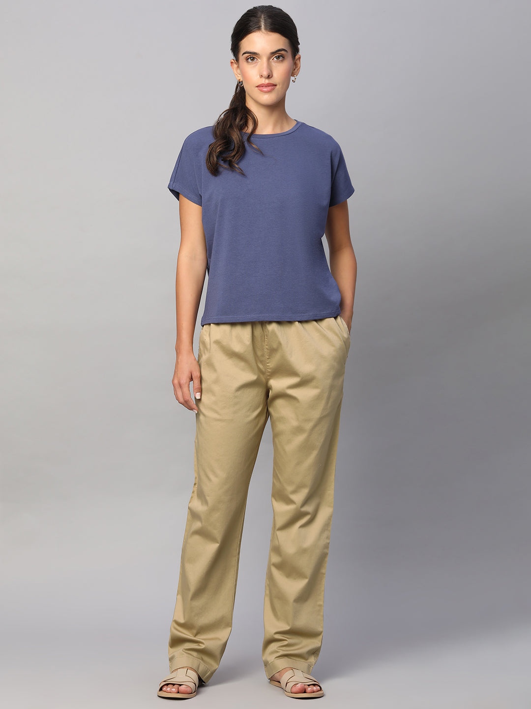 Women's Khaki Cotton Lycra Regular Fit Pant