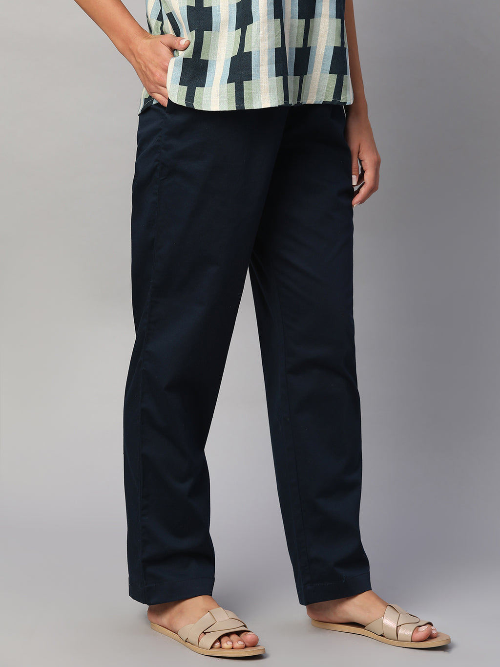 Women's Navy Cotton Lycra Regular Fit Pant