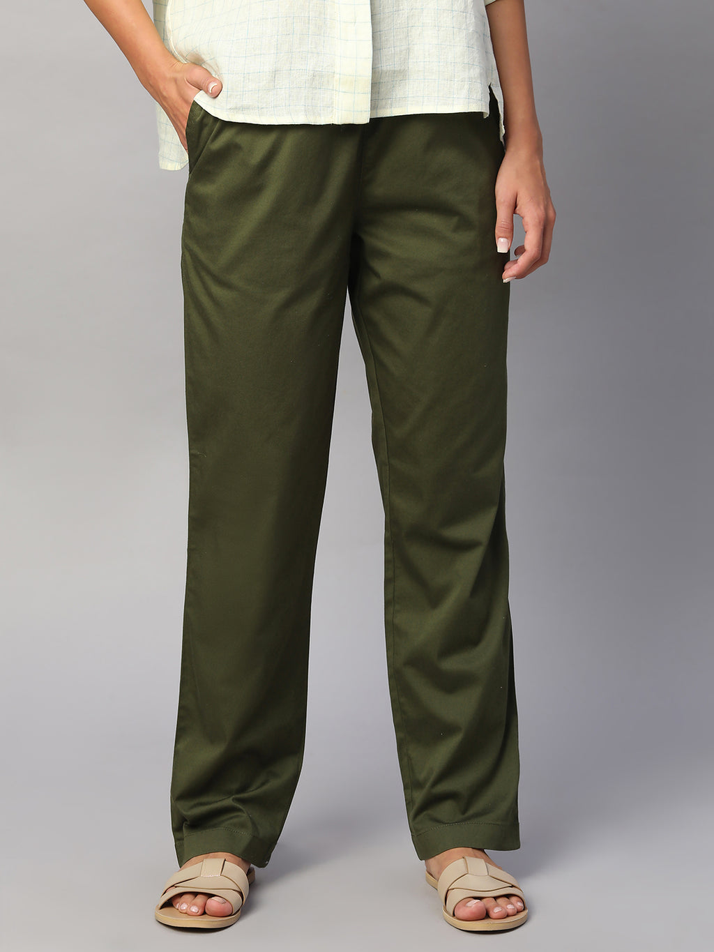 Women's Cotton Lycra Regular Fit Drawstring Pant Olive