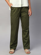 Women's Cotton Lycra Regular Fit Drawstring Pant Olive