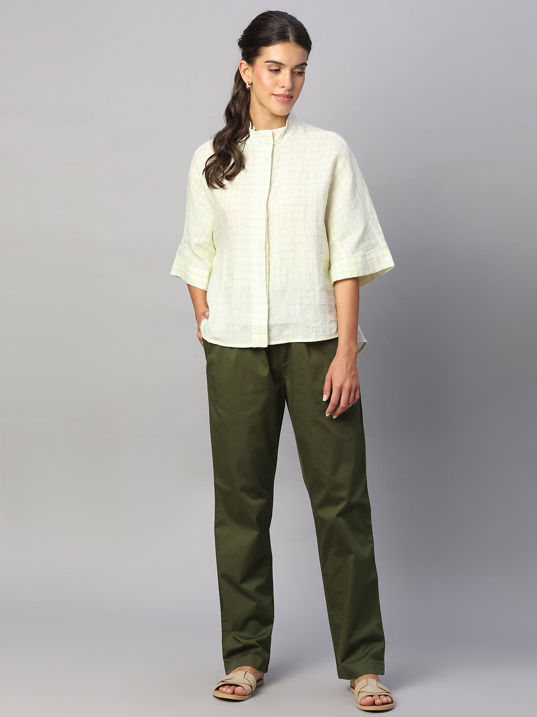 Women's Olive Cotton Lycra Regular Fit Pant