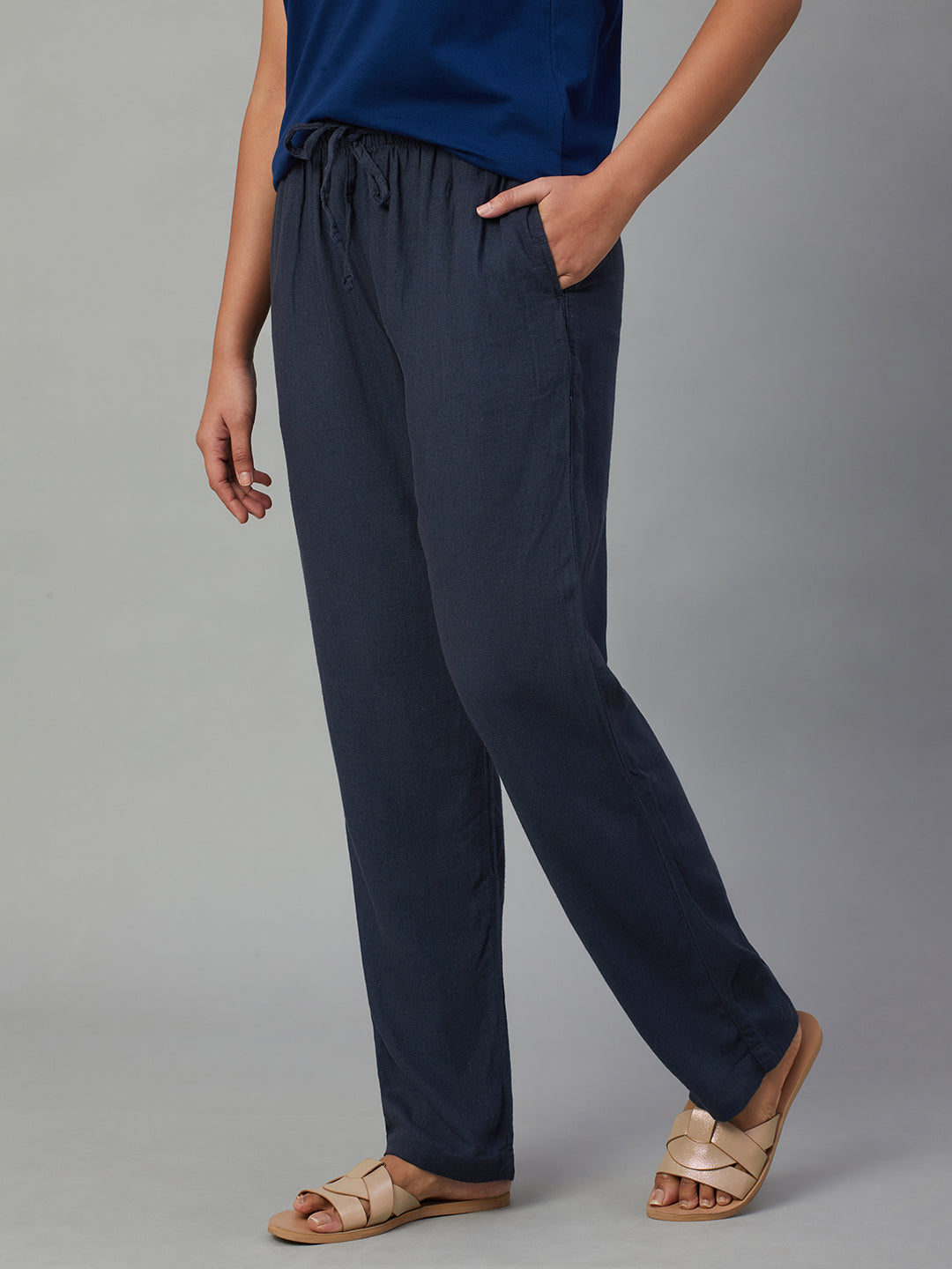 Women's Grey Linen Viscose Regular Fit Pant