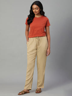 Women’s Linen Viscose Regular Fit Drawstring Pant Khaki