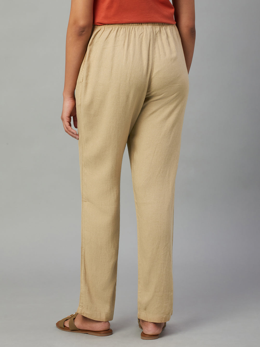 Women's Khaki Linen Viscose Regular Fit Pant
