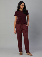 Women's Wine Linen Viscose Regular Fit Pant