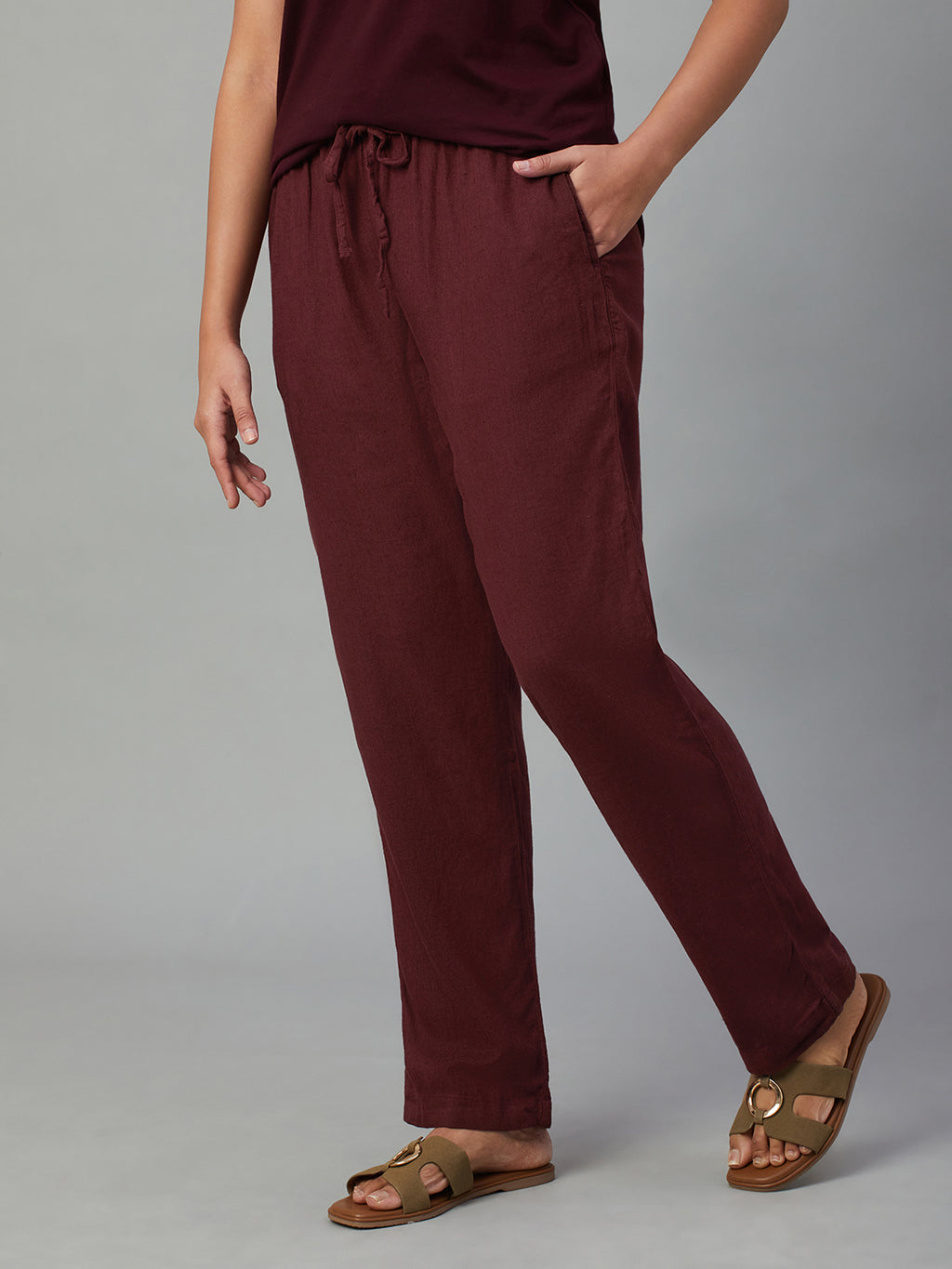 Women's Wine Linen Viscose Regular Fit Pant