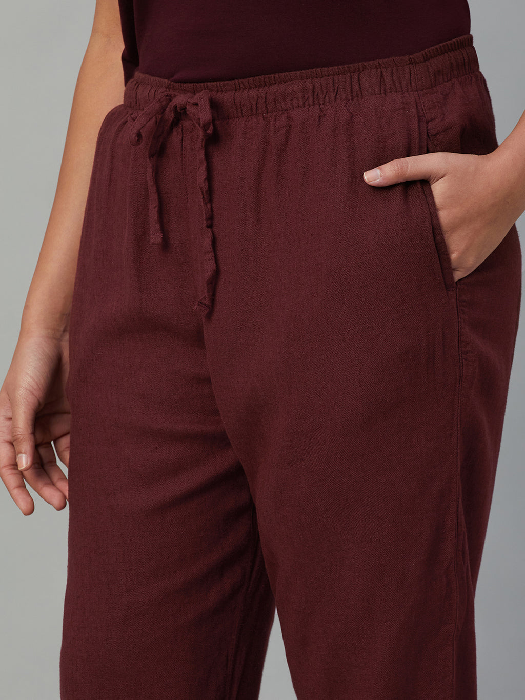 Women's Wine Linen Viscose Regular Fit Pant