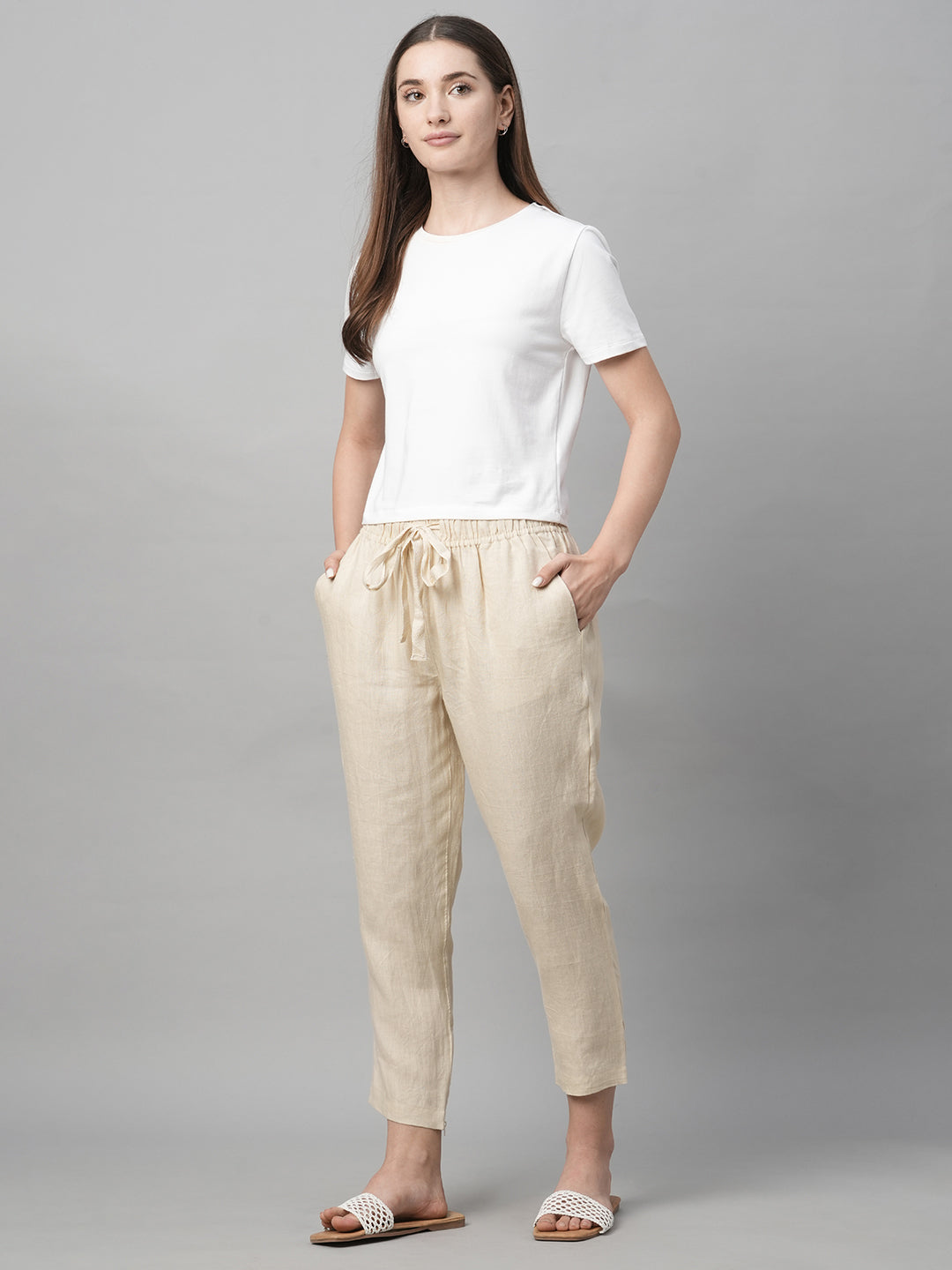 Women's Beige Linen Regular Fit Pant