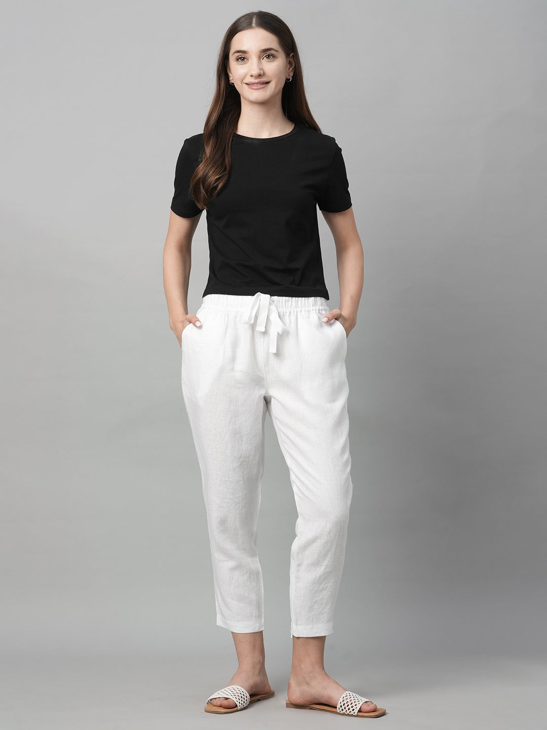 Women's White Linen Regular Fit Pant