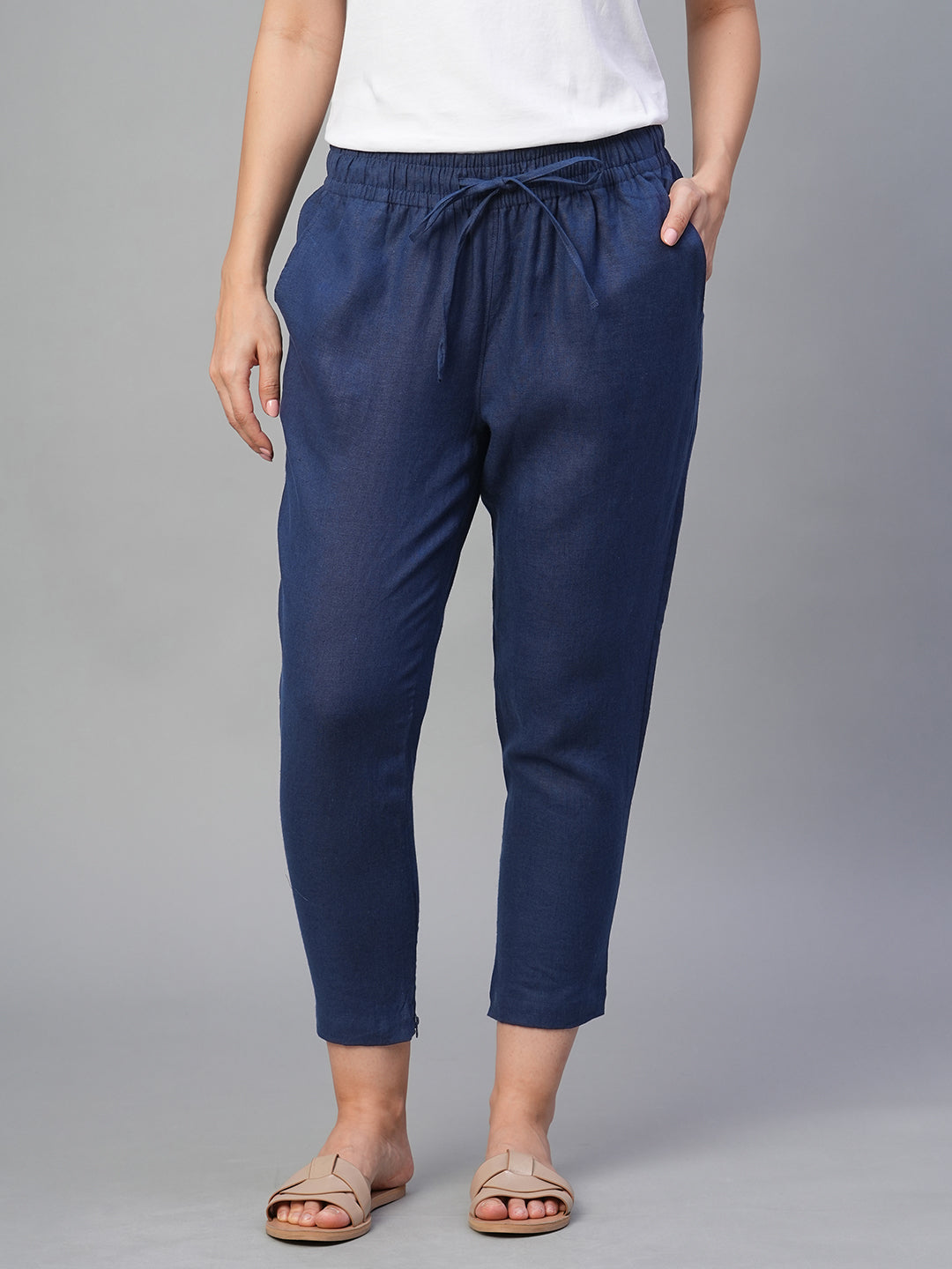 Women's Navy 100% Linen Slim Fit Pant